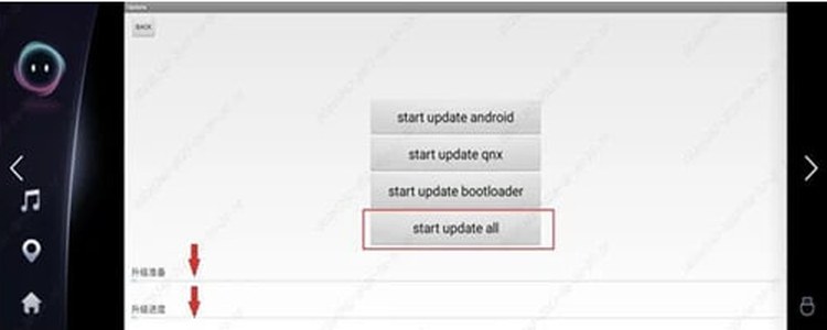 Выделена кнопка start update all, стрелками отмечены полосы 升级准备 и 升级进度