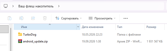 На флешке папка TurboDog и файл android_update.zip